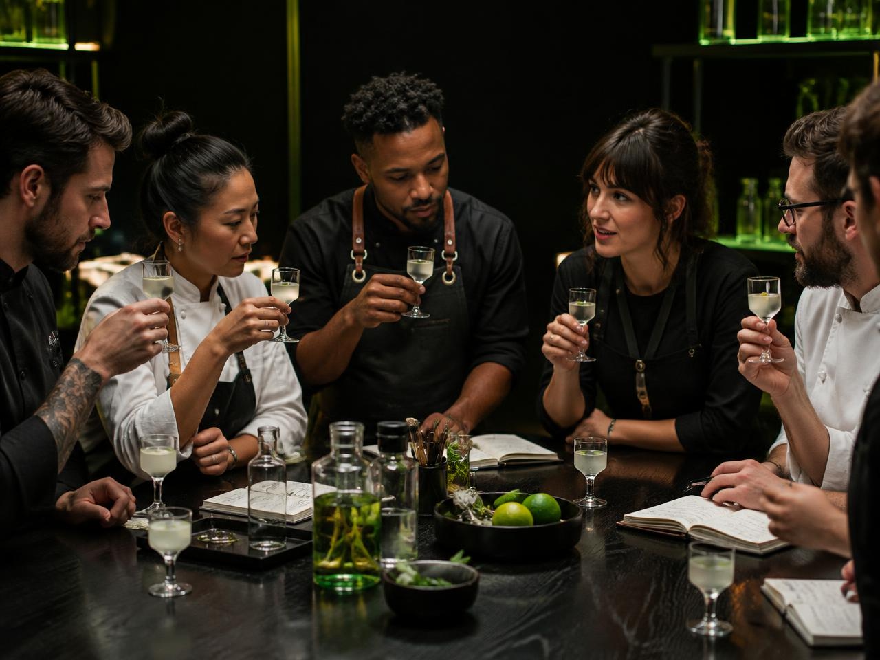 Bartenders and chefs tasting cocktails together around a dark table